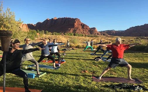 Image of people doing yoga on grass. They are all doing warrior pose pointing to the right of the image. There is a mix of people of all ages. You can see a Utah bluff in the background.