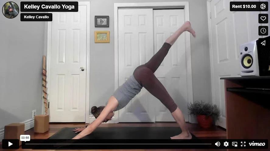 Screenshot of a Vimeo video player. The video is of Kelly Cavallo demonstrating a yoga pose.