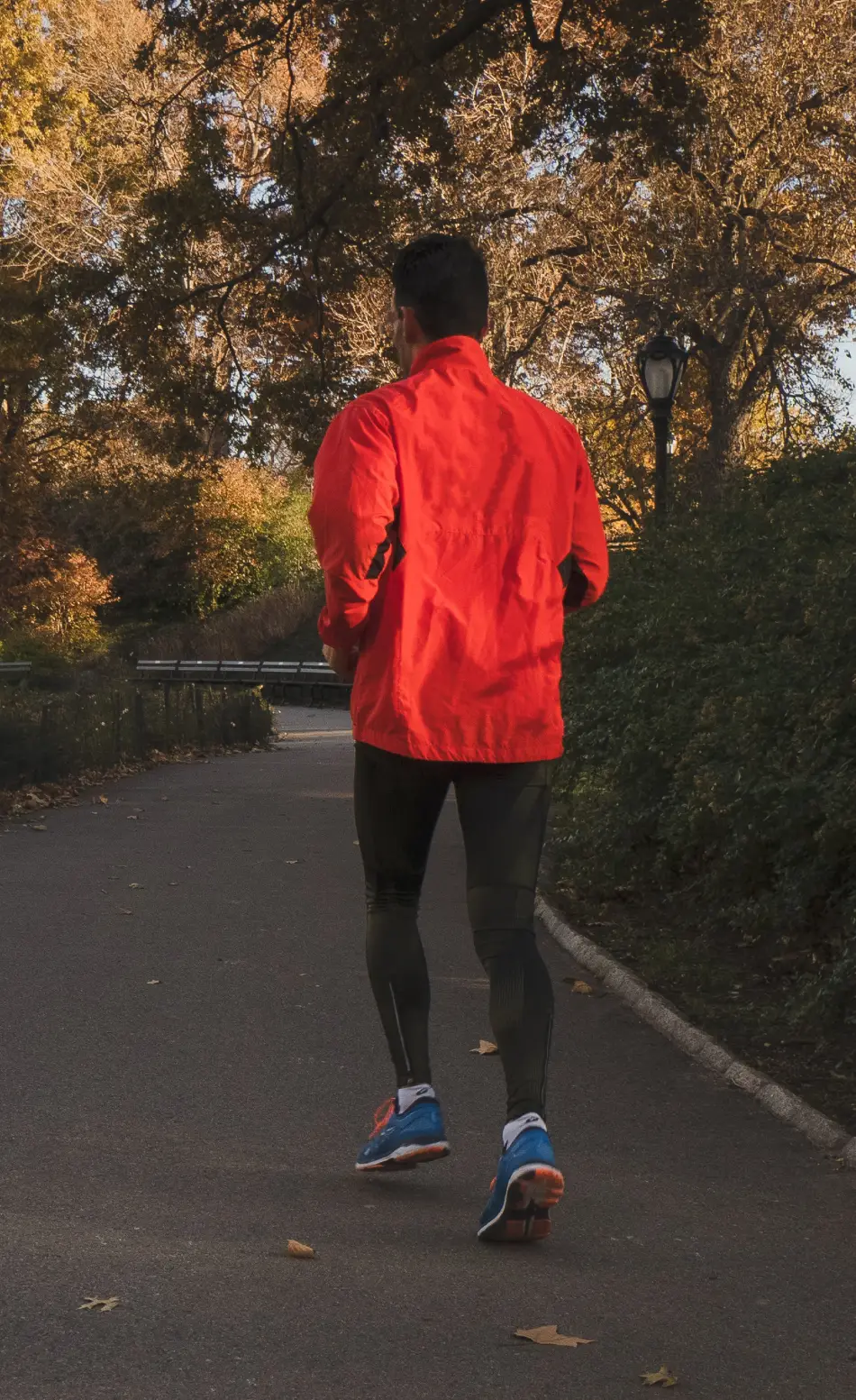 Back view of a man running through the park. He is wearing a red jacket and black full length leggings and blue running shoes.