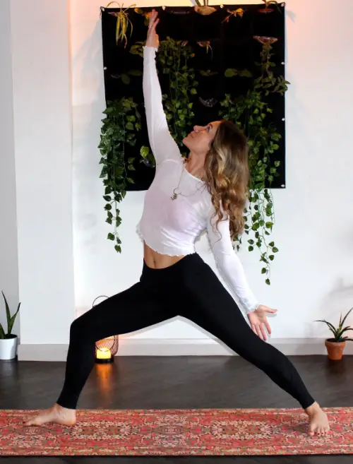 A woman is doing the Reverse Warrior yoga pose, or Viparita Virabhadrasana. Her right leg is forward and slightly bent, her left leg is back and straight. Her right arm is reaching to the sky while her left hand is behind her parallel to her left leg.